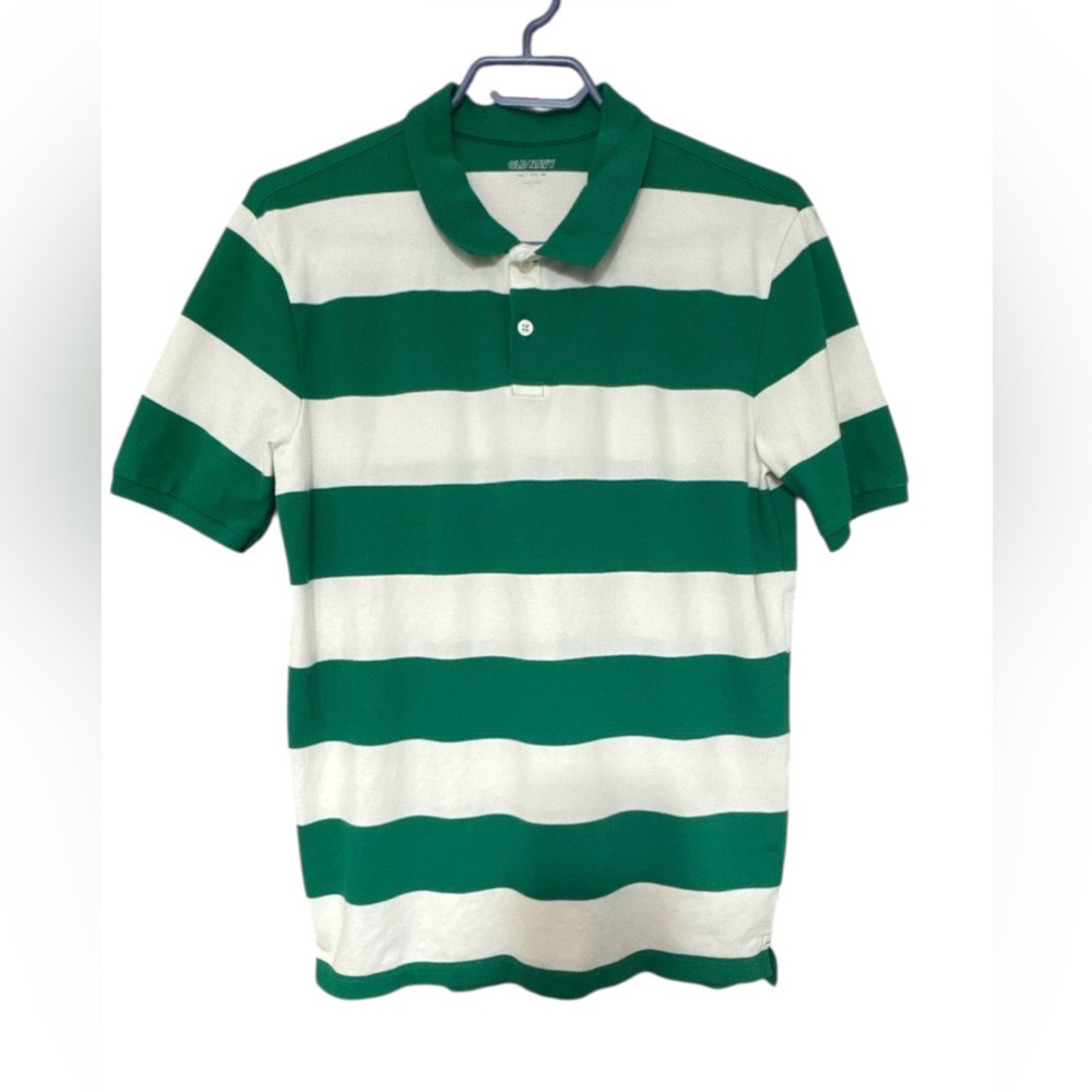 OLD NAVY Boys (18) XXL Green & White Striped Classic Fit Pique Polo Shirt